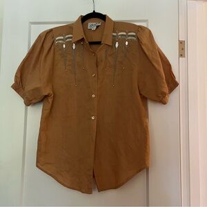 Vintage French Western Embroidered Gem Embellished Button Down Blouse